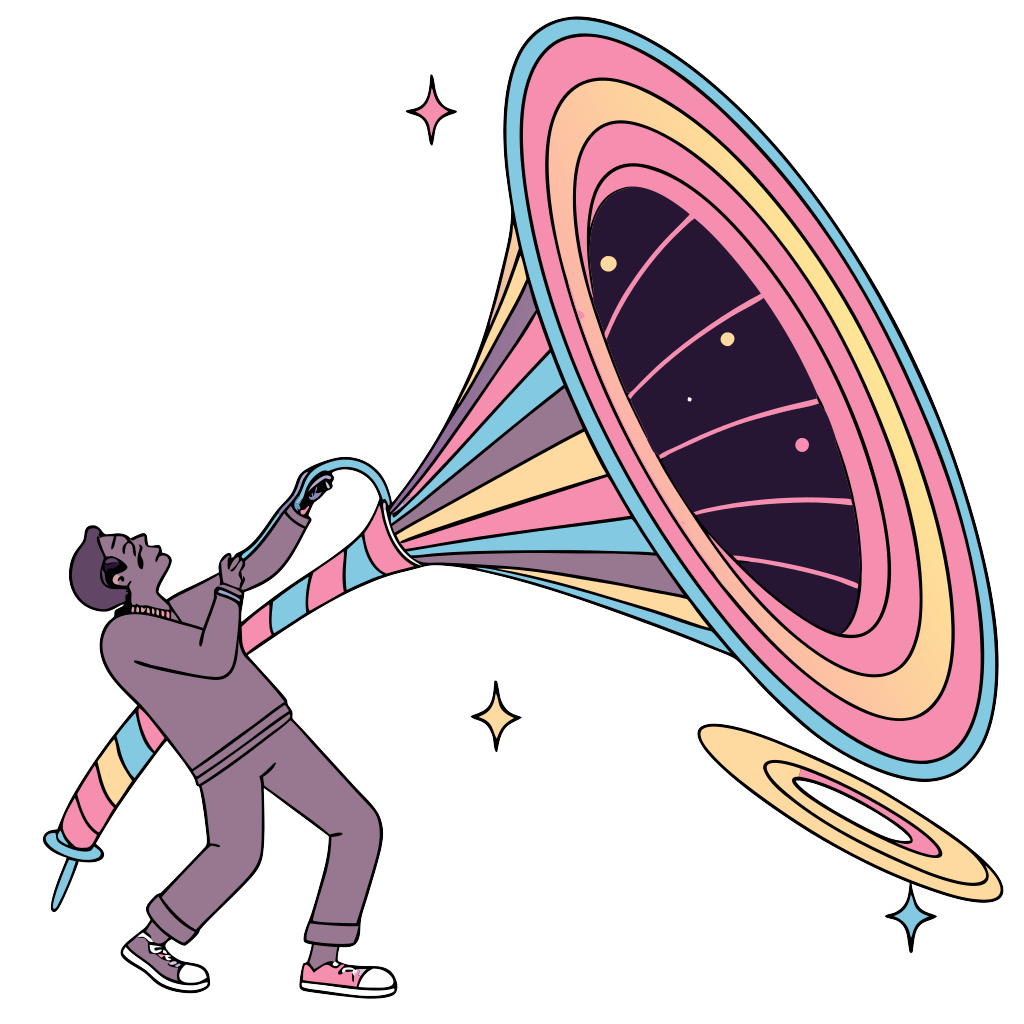 Custom sticker: A tiny human body being stretched and sucked into a massive, beautiful, and colorful black hole