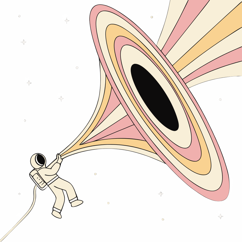 Custom sticker: A tiny human body sucked into a massive, beautiful, and colorful black hole, realistic, contrast back...