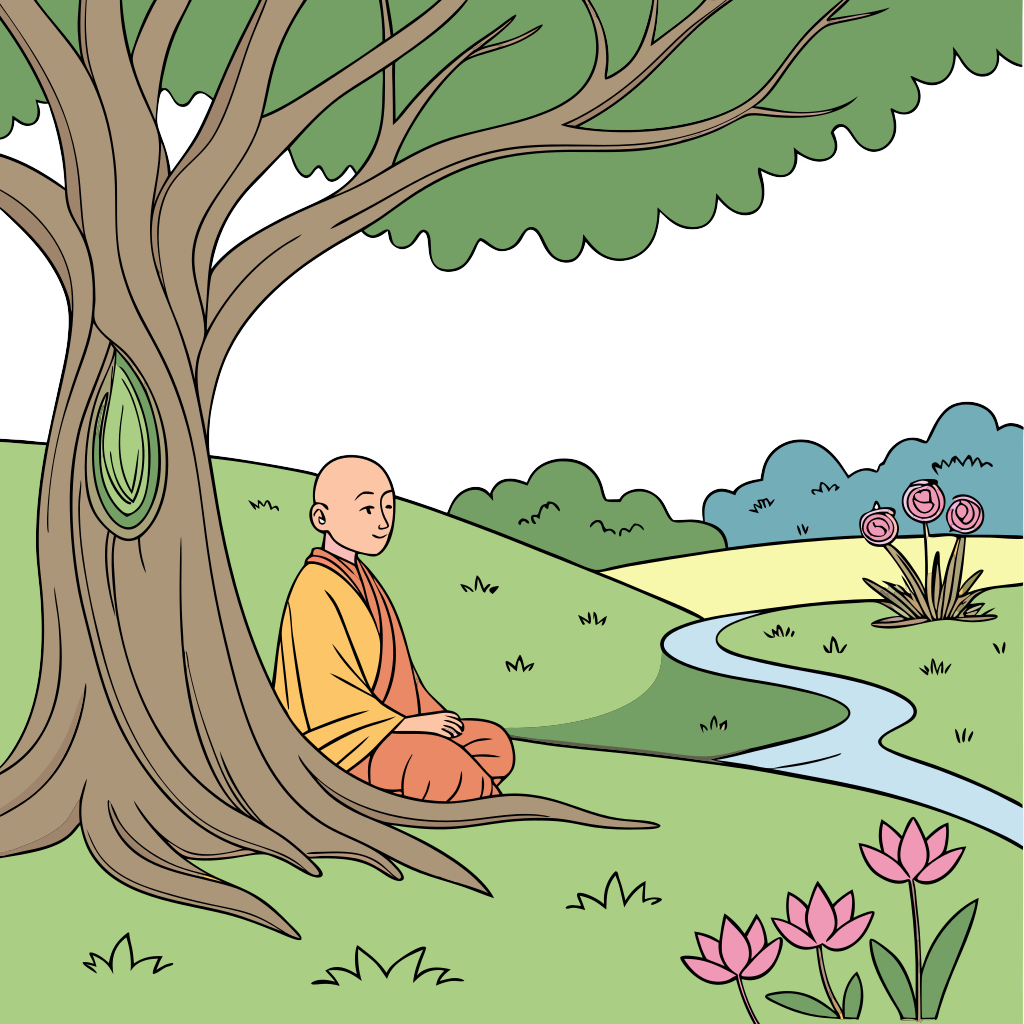 Custom sticker: A peaceful monk meditating under a banyan tree in the middle of paradise