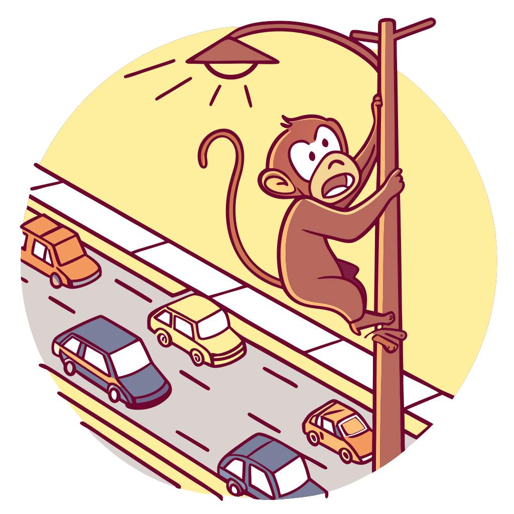 Custom sticker: A top down view of a nervous monkey climbing a tall streetlight above a busy highway