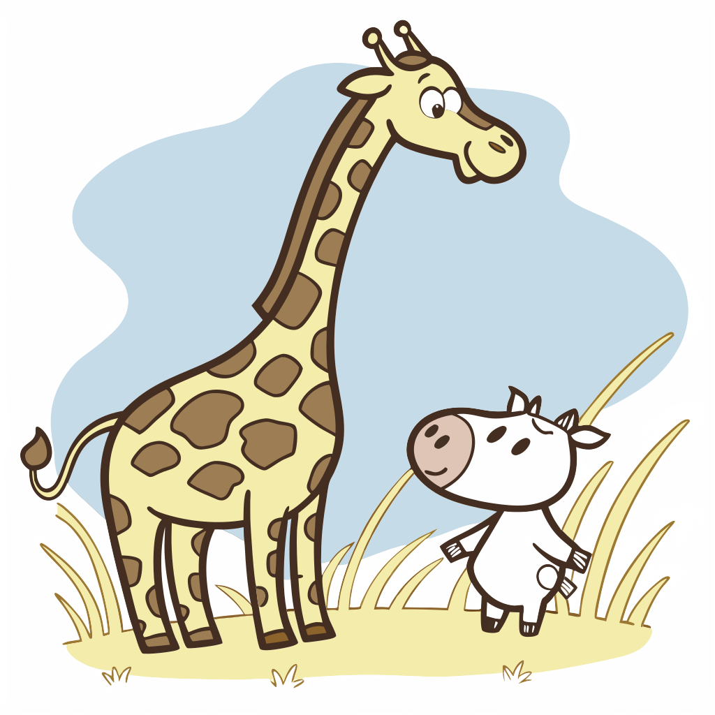 Custom sticker: Stick figure giraffe and stick figure cow together in a field