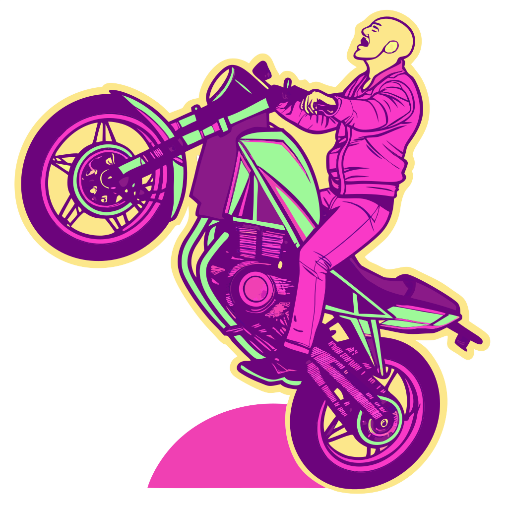 Custom sticker: white guy with shaved head riding a Yamaha MT03 motorcycle and doing a wheelie in a neon style