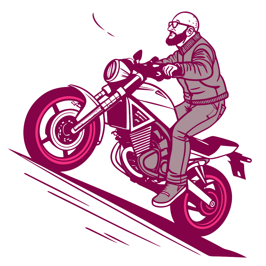 Custom sticker: white guy with shaved head and short beard and glasses riding a Yamaha MT03 motorcycle and doing a wh...