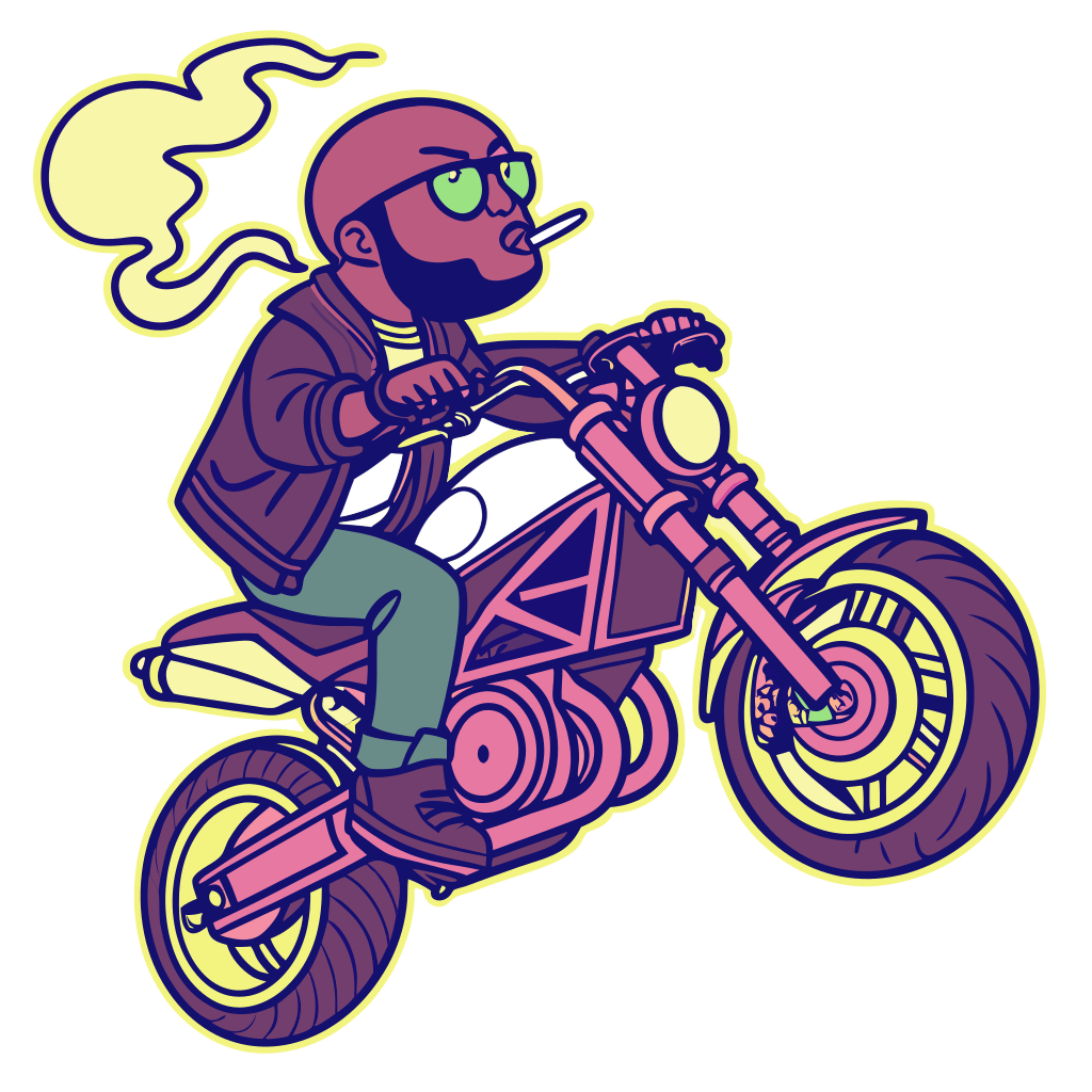 Custom sticker: A guy with a short beard, short shaved but visible hair and glasses riding a Yamaha MT03, smoking a c...