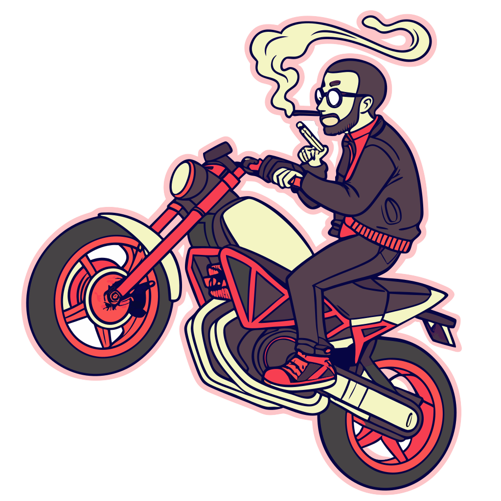 Custom sticker: A white guy with a short beard, really short hair on his head, and glasses riding a Yamaha MT03, smok...
