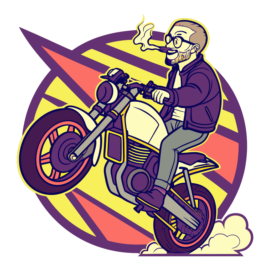 Custom sticker: A white guy with a short beard, buzzcut hair on his head and glasses riding a Yamaha MT03, smoking a ...