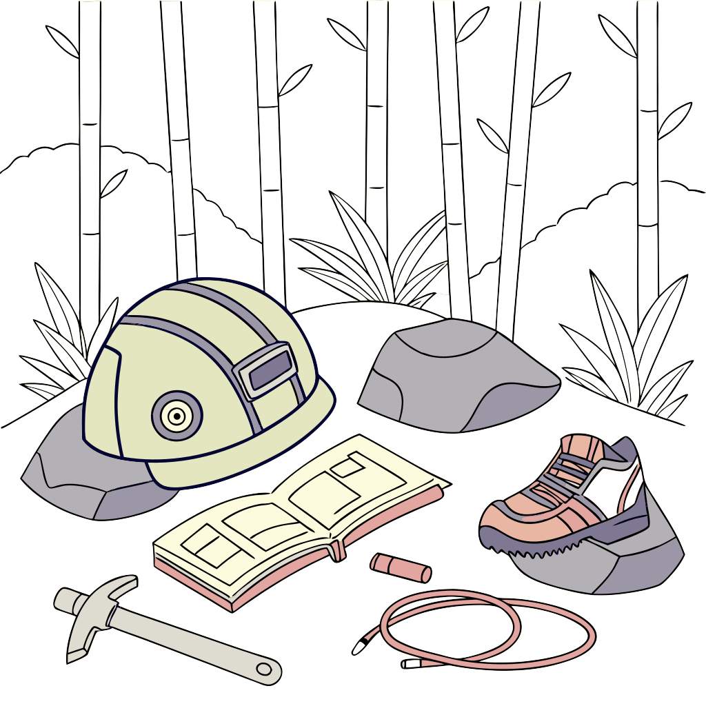 Custom sticker: A zen themed image with a fiber cable, wrench, welding helmet, book and rock climbing shoes