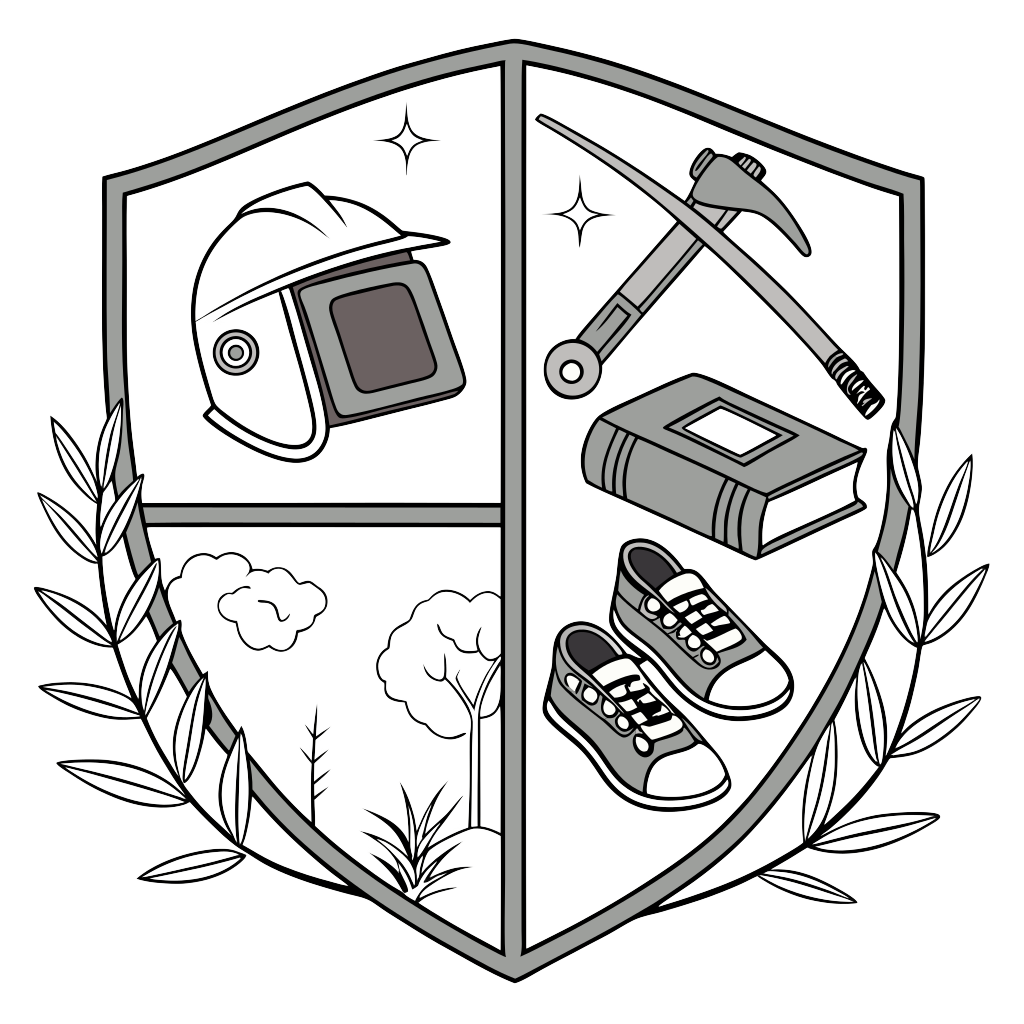 Custom sticker: a coat of arms that includes a fiber cable, wrench, welding helmet, book and bouldering shoes in a ze...