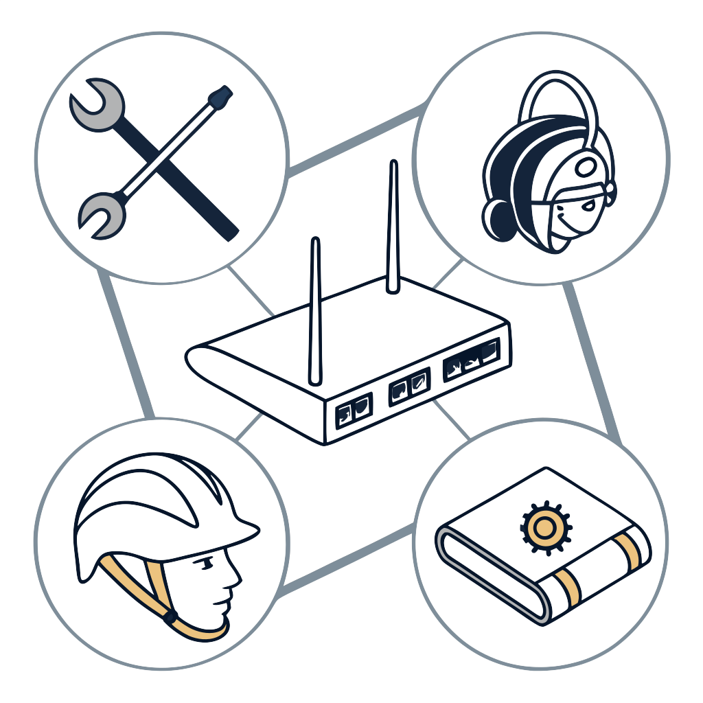 Custom sticker: a interwoven image like a modern business would use that includes a router with fiber optic cables co...
