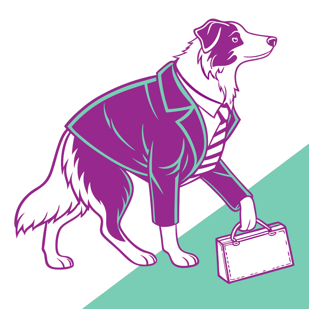 Custom sticker: an australian Shepard with a brief case and a business suit on in a neon style