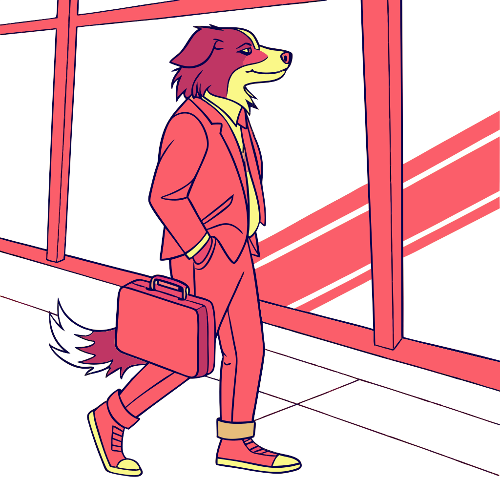 Custom sticker: A red tri colored toy australian Shepard with a brief case and a business suit on in a neon style