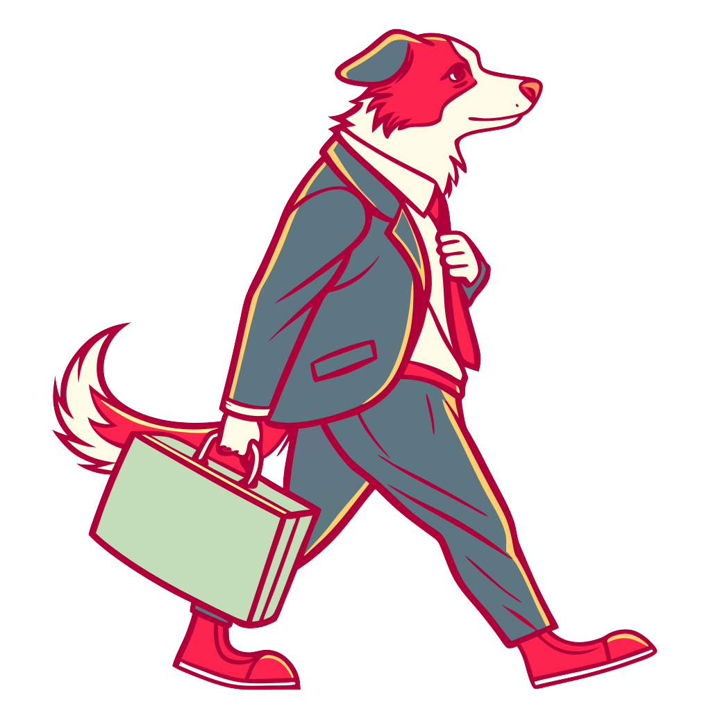 Custom sticker: A red tri colored toy Australian Shepard with light colored eyebrows and no tail, with a brief case a...