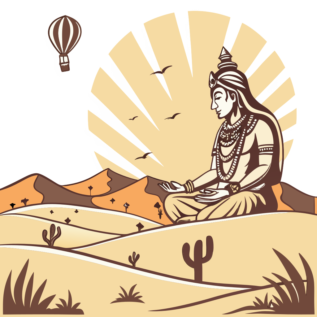 Custom sticker: A giant Shiva meditating and floating above the hot desert