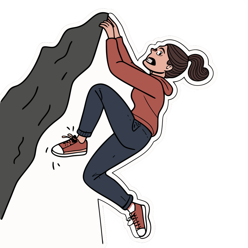 Custom sticker: A woman scared for her life hanging off a cliff about to slip and fall to her doom