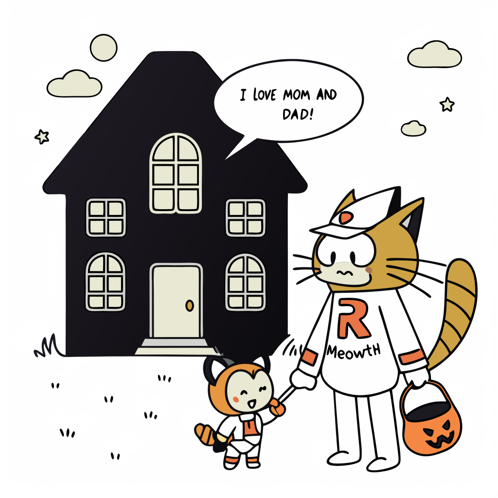 Custom sticker: a husband, wife, and orange puffy cat dressed as team rocket and meowth for halloween. they're standi...