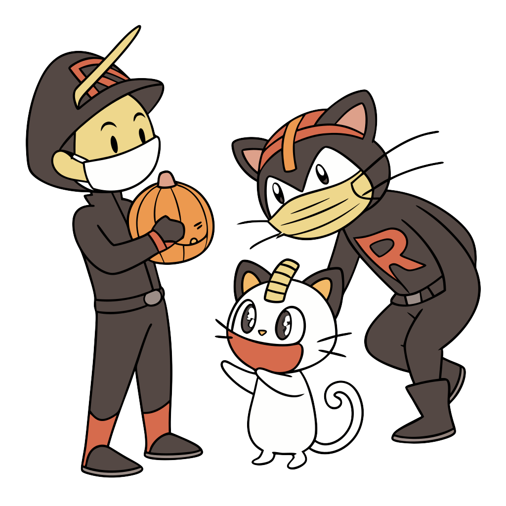 Custom sticker: a husband, wife, and orange puffy cat dressed as team rocket and meowth from pokemon for halloween