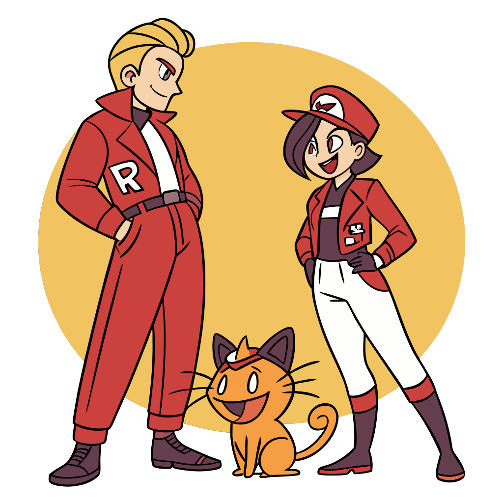 Custom sticker: a man (human, white) dressed as James and woman (human, asian) dressed as Jessie from Team Rocket and...