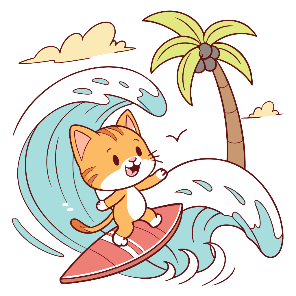 Custom sticker: a cute orange kitty with a white chest surfing on a surf board with palm trees in the background