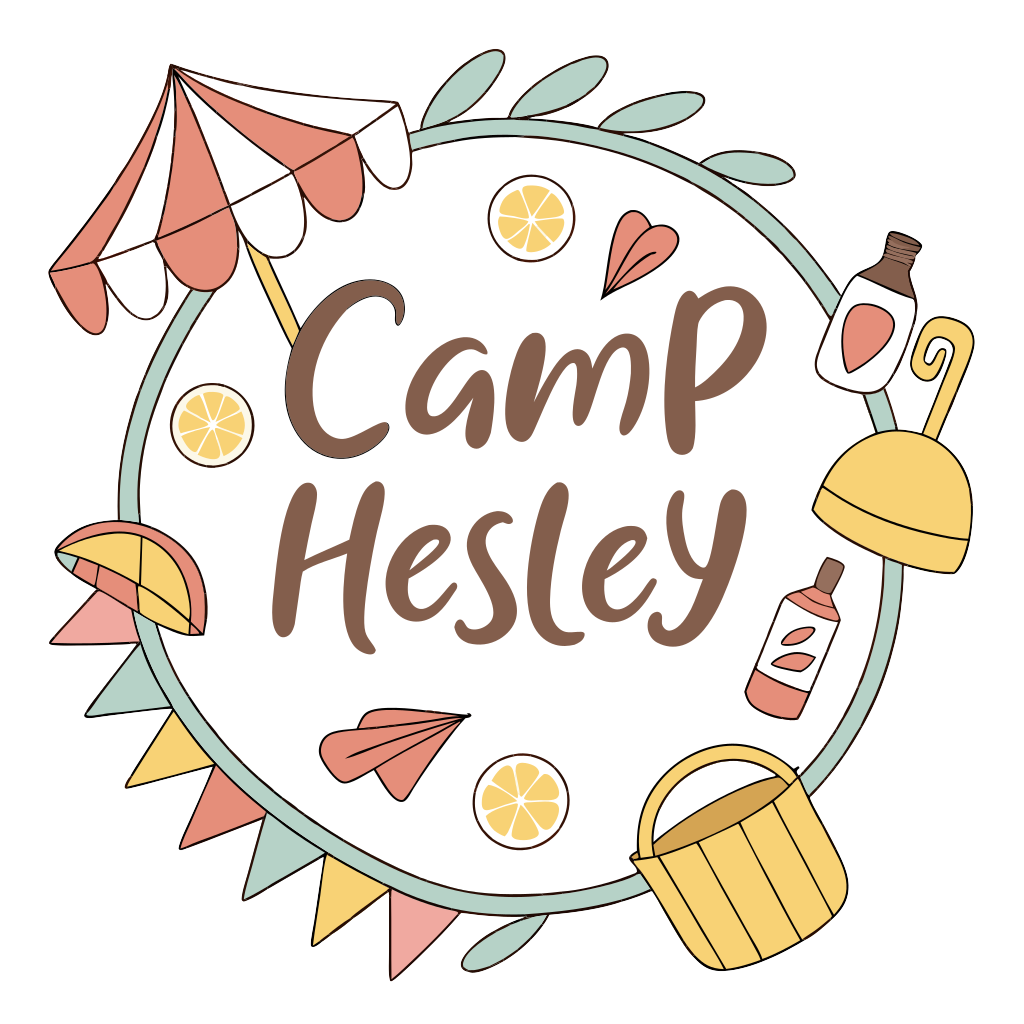a sticker with the word "Camp Hesley" written as if for a summer camp theme, so think colorful flags, wooden boards, cute sun, sunscreen, bucket hats, summer citrus fruits