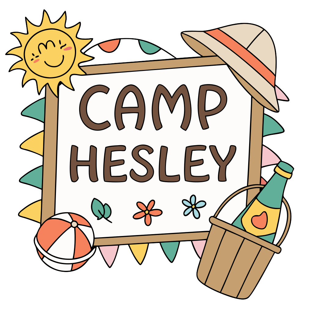 Custom sticker: a sticker with the word "Camp Hesley" (in full capital letters, written as if for a summer camp theme...