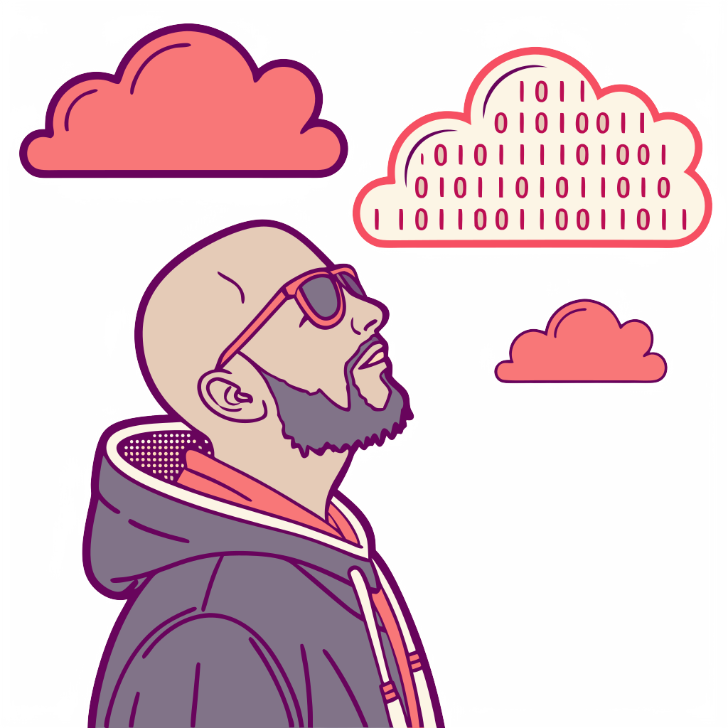 a handsome bald white guy with a beard who is vibe coding and looks super cool. 8-bit style, with matrix like code in clouds above him