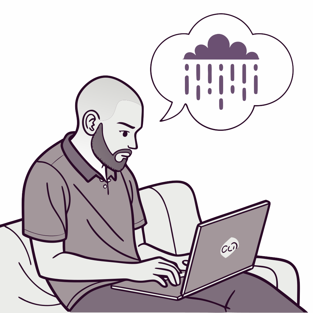 Custom sticker: a handsome bald white guy with a beard who is coding on a laptop and sitting on a couch and looks sup...