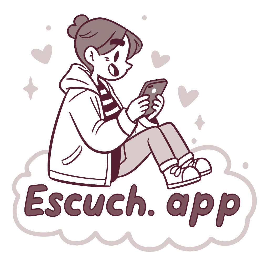 Custom sticker: 8-bit style person happily using a mobile app. "Escuch.App" written underneath them in a fun font