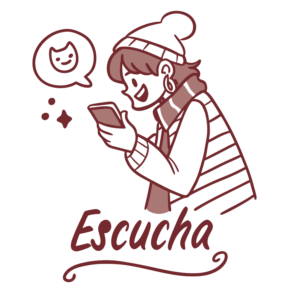 Custom sticker: 8-bit style person happily using a mobile app. "Escucha" written below them in cursive with a cartoon...