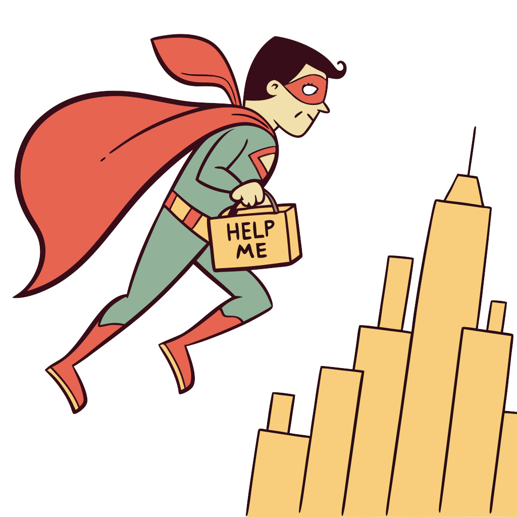 superhero carrying a sign that says "help me"