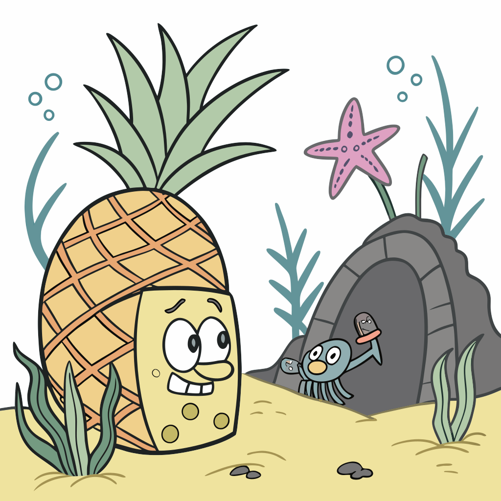 A yellow rectangular sponge who lives in a pineapple at the bottom of the sea. He lives next to his best friend starfish, who lives under a rock to his right, and his grumpy colleague squid who lives in a tiki head to his left.