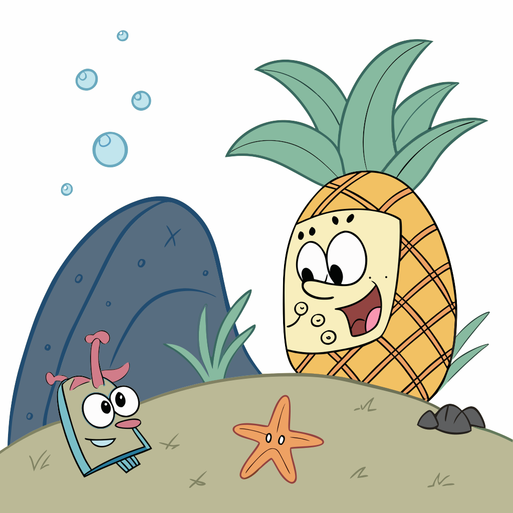 A yellow rectangular sponge who lives in a pineapple at the bottom of the sea. He lives next to his best friend starfish, who lives under a rock to his right, and his grumpy colleague squid who lives in a tiki head to his left.