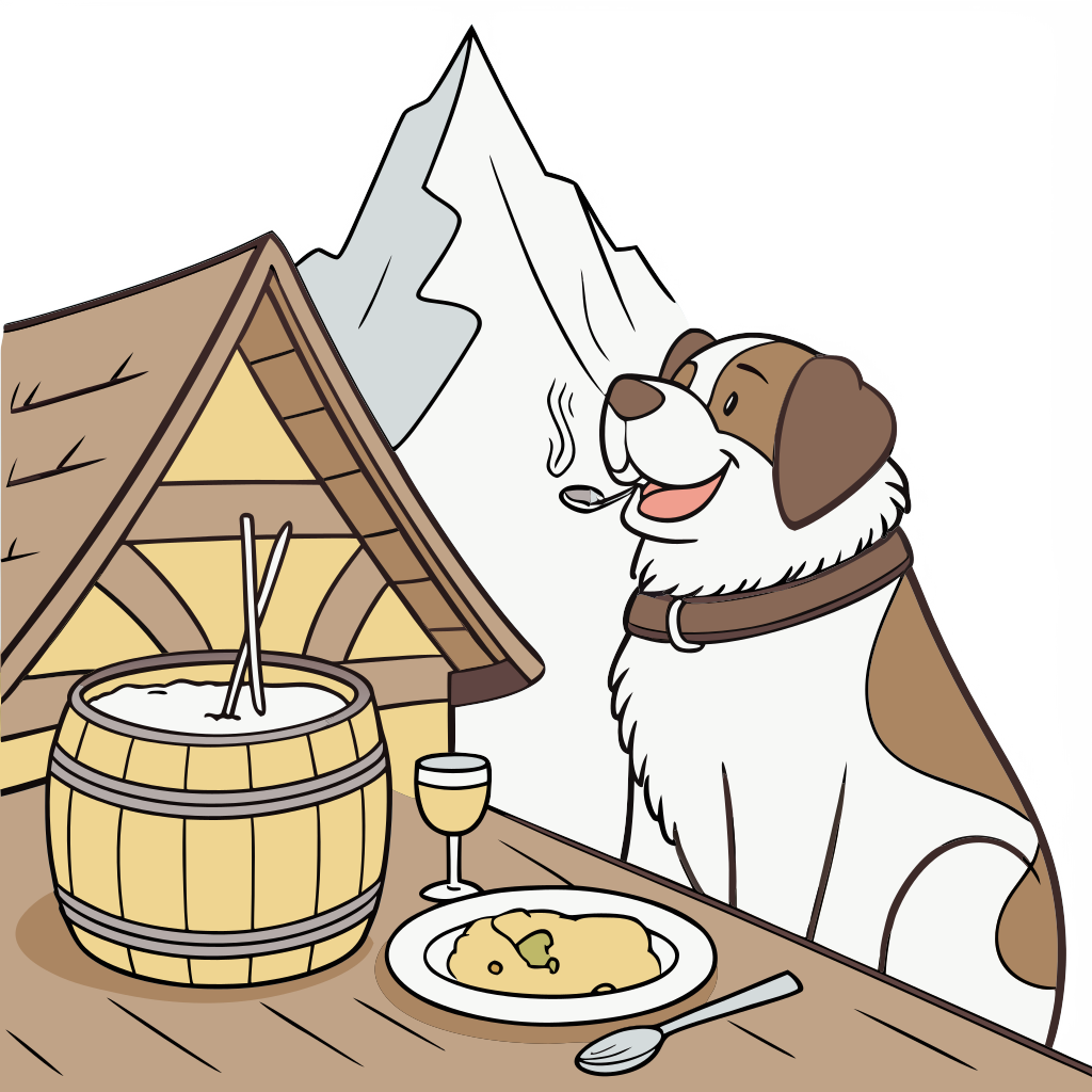 "A happy, cartoon-style St. Bernard dog wearing a small wooden barrel around its neck, sitting at a rustic wooden table in front of a cozy Swiss cabin. On the table is a steaming pot of cheese fondue with two forks dipped in, a plate of golden-brown rösti, and a glass of white wine. In the background, the sharp peak of the Matterhorn is visible under a clear blue sky with a few scattered edelweiss flowers in the foreground."