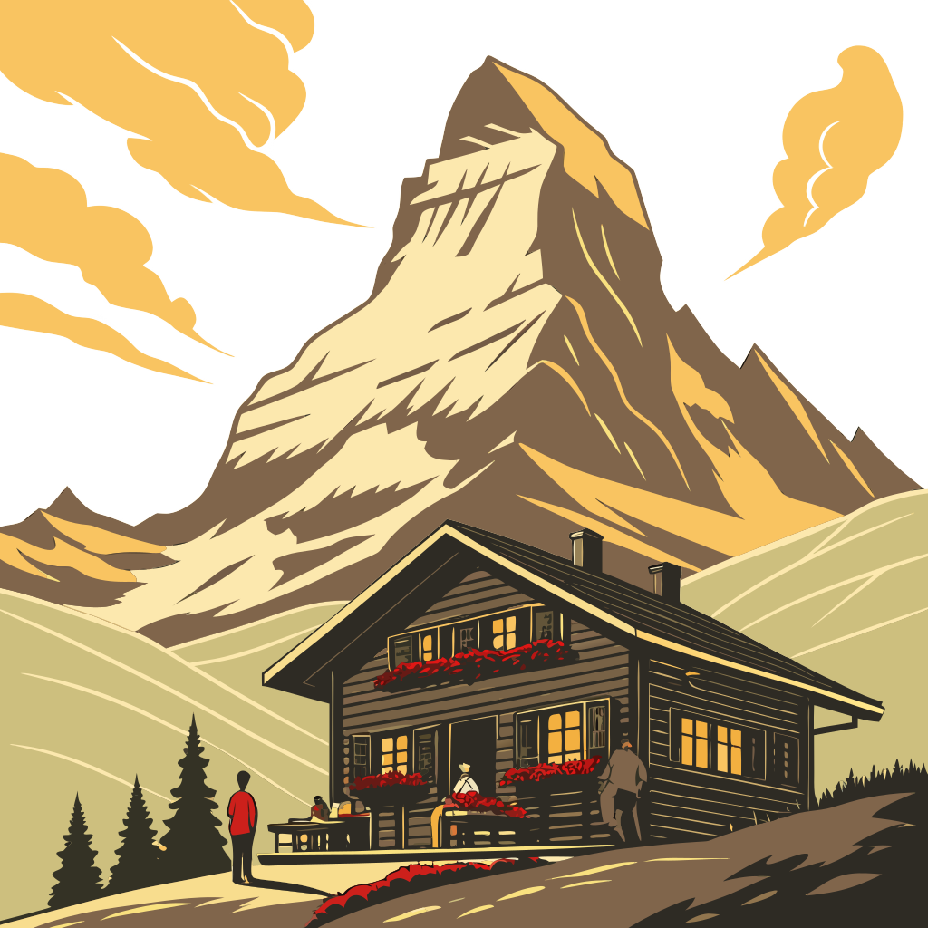 A majestic and sharp-peaked Matterhorn mountain at sunrise with a golden glow on its peak. In the foreground, there is a cozy, traditional Swiss wooden cabin with red flowers in the window boxes. A curl of smoke is coming from the chimney, and a pair of vintage wooden skis are propped up against the side. The cabin has a low key bar where people are getting drinks and terracing