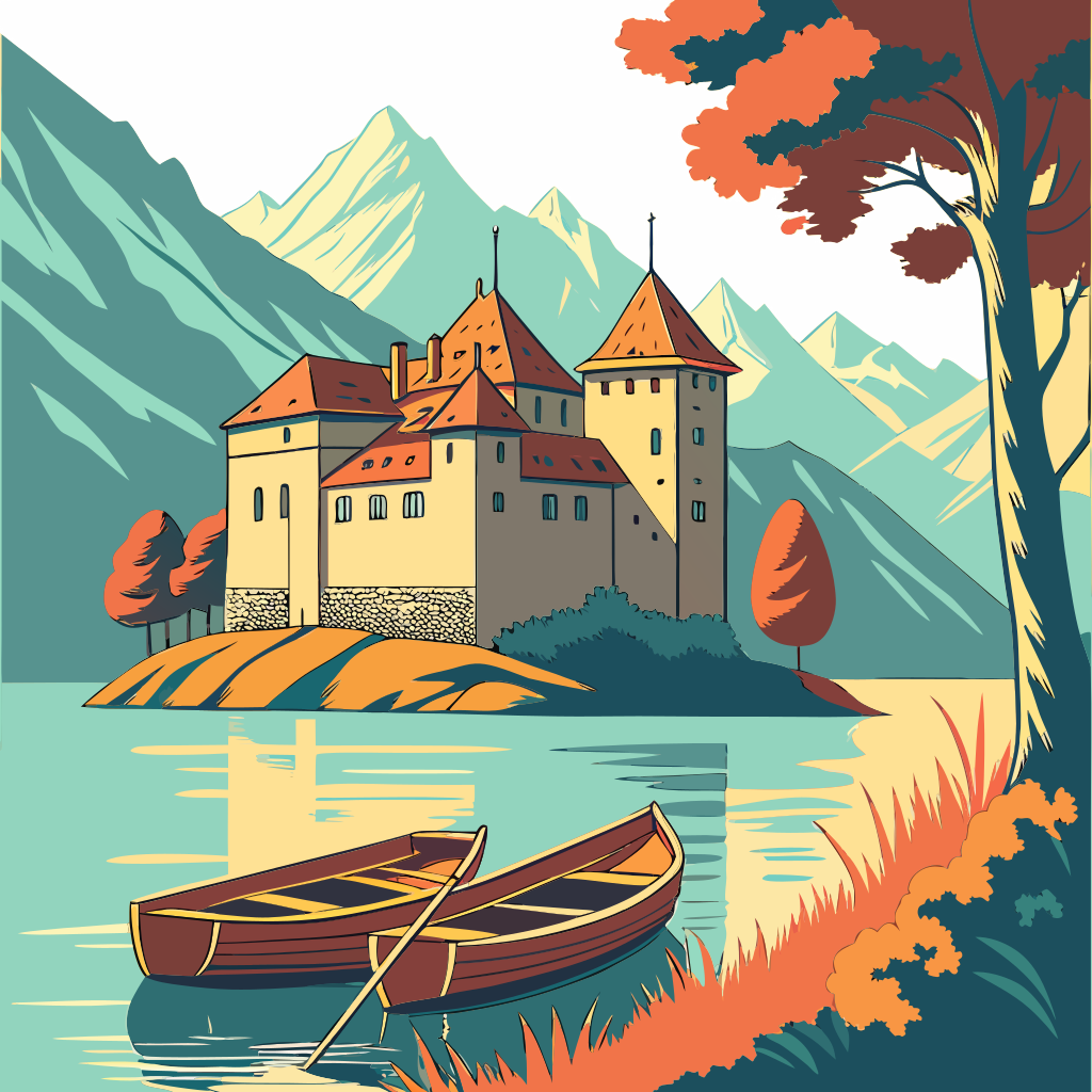 An elegant and picturesque scene of a historic Swiss château, like Château de Chillon, on the shore of a serene, crystal-clear lake. The reflection of the castle and the surrounding mountains is visible in the water. A couple of classic wooden boats are docked nearby. Be extra vibrant with the colors