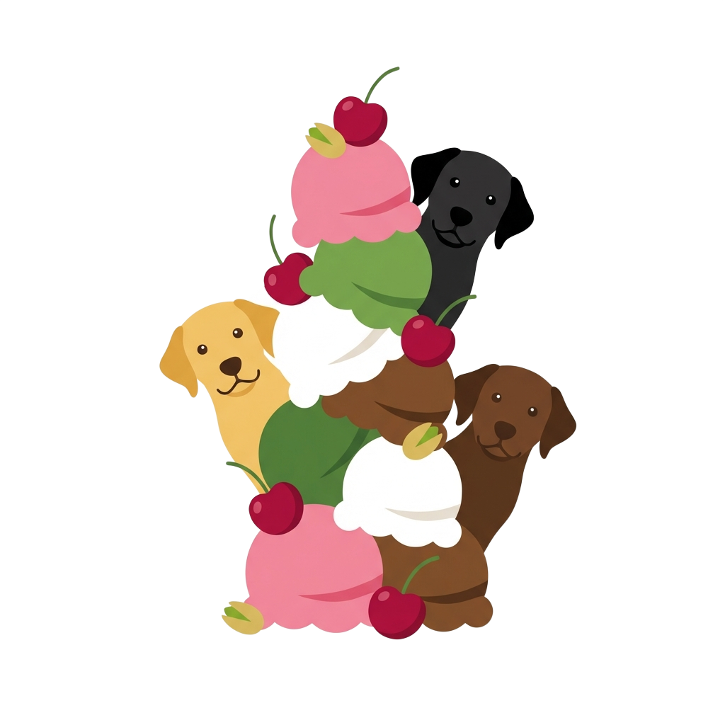 Ice cream tower with cherries and pistachios and labradors
