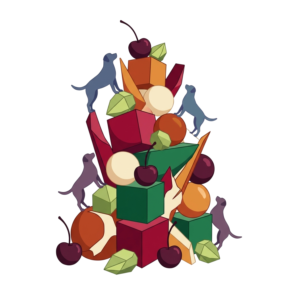 Ice cream tower with cherries and pistachios and labradors. Make it avant- guard