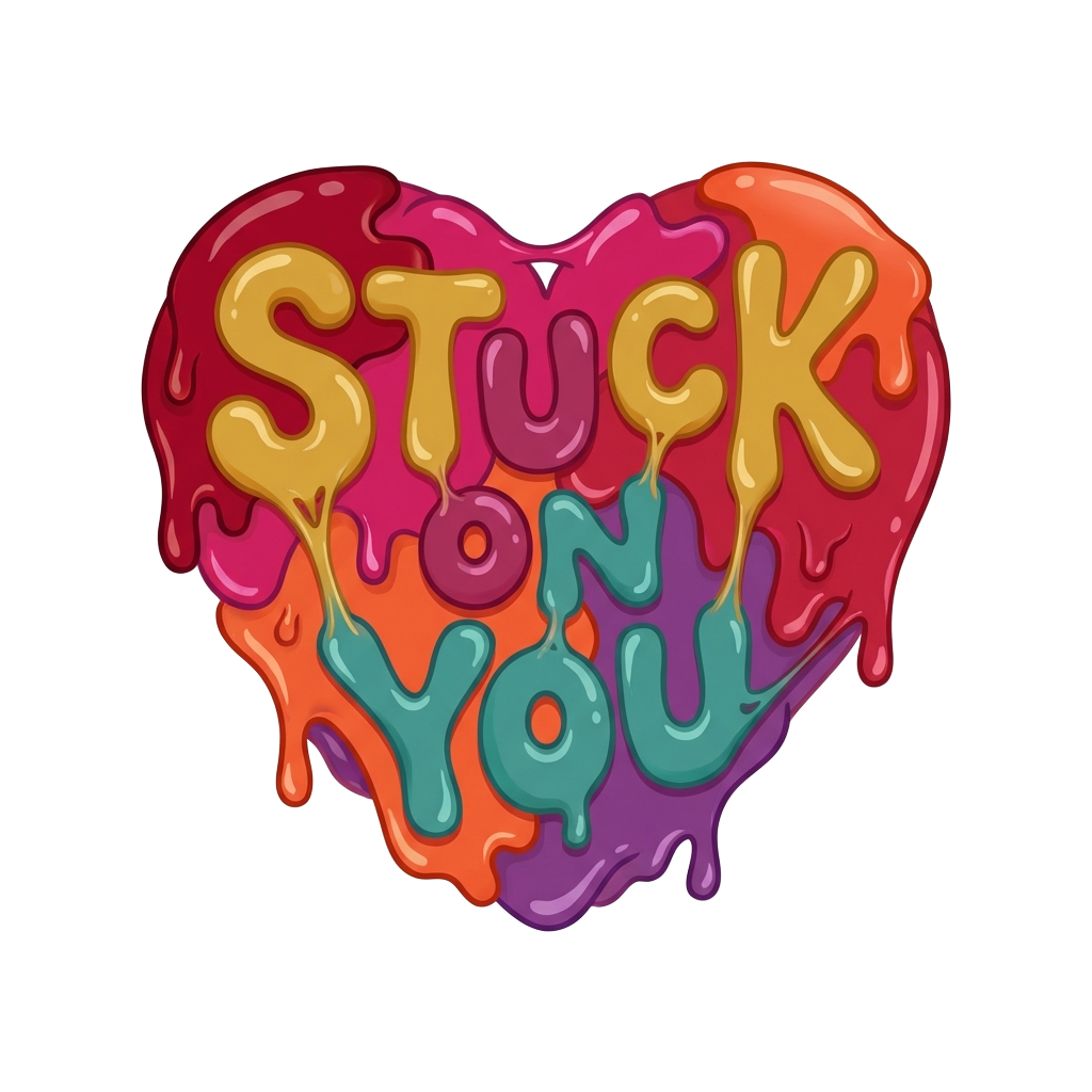 "Stuck On You" on a heart that seem's like it's sticky