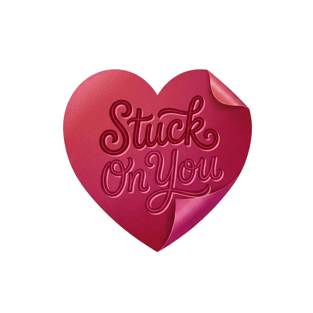 Custom sticker: "Stuck On You" written in a Valentine's Day font on top of a sticky heart