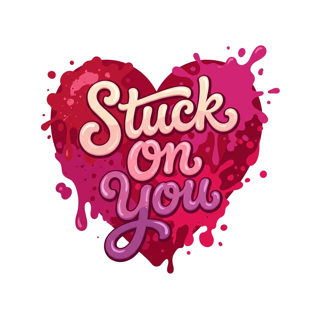 "Stuck On You" written in a Valentine's Day font on top of a heart that appears sticky and splattered