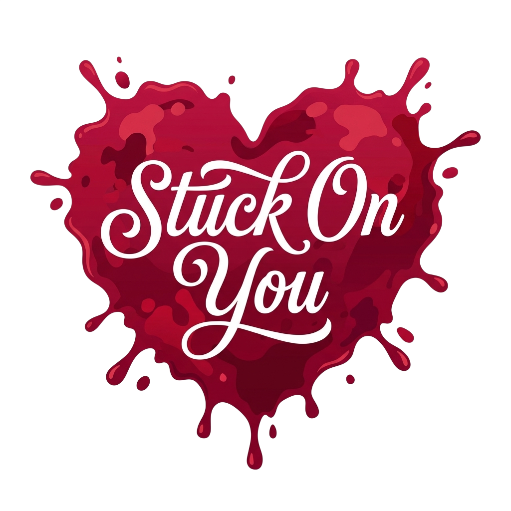 "Stuck On You" written in white in a beautiful Valentine's Day font on top of a red heart shape that appears sticky and splattered