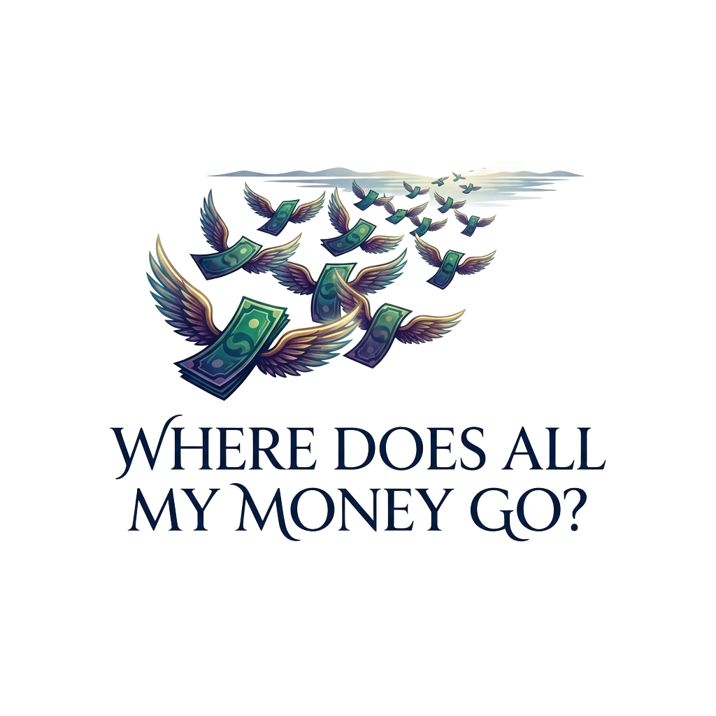 A flock of cash with wings flying away towards the horizon with a mysterious, enchanting aesthetic and the text "Where does all my money go?"