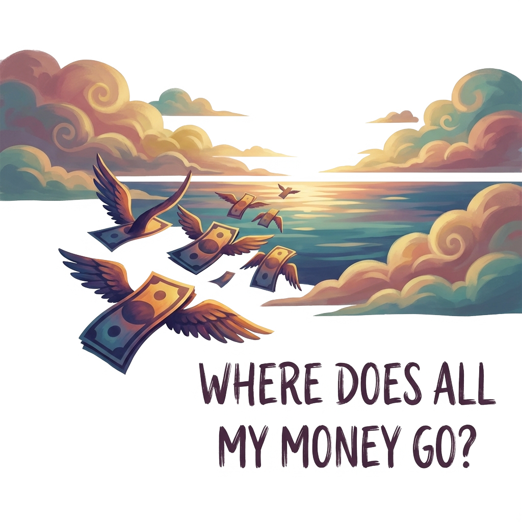 A flock of cash with wings flying away towards the horizon of a beautiful ocean and sky with clouds with a mysterious, enchanting aesthetic and rainbow sunset color palette and the text "Where does all my money go?" written in a quirky font