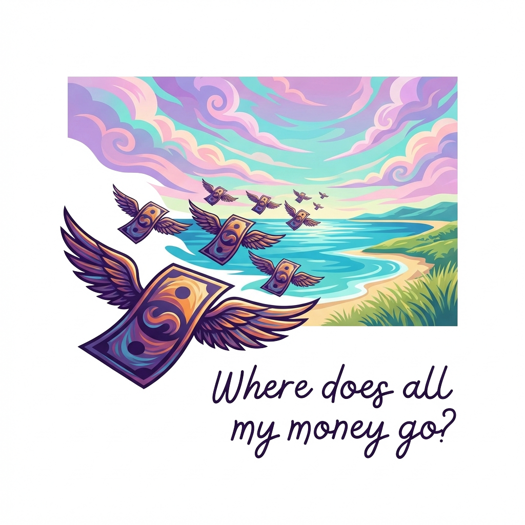 A flock of cash with wings flying away towards the horizon of a beautiful ocean and grassy tropical coastline and sky with clouds with a mysterious, enchanting aesthetic and rainbow sunset color palette and the text "Where does all my money go?" written in a quirky font