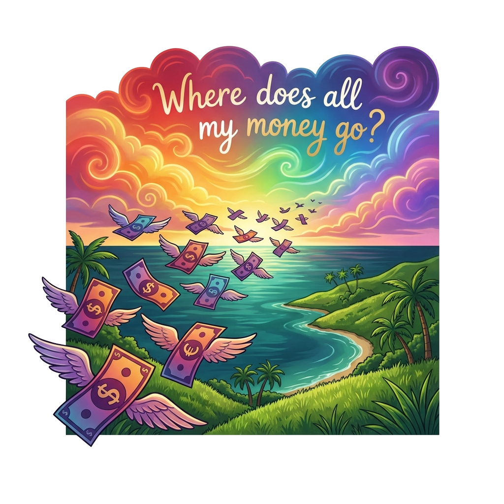 A flock of cash with wings flying away towards the horizon of a beautiful ocean and grassy tropical coastline and sky with clouds with a mysterious, enchanting aesthetic and rainbow sunset color palette and the text "Where does all my money go?" written in a quirky font in the clouds.