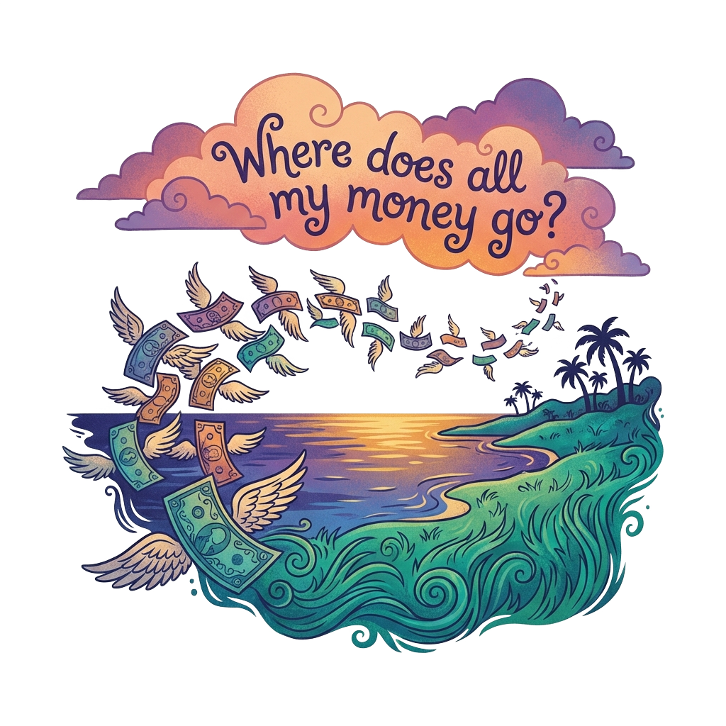 A flock of cash with wings flying away towards the horizon of a beautiful ocean and grassy tropical coastline and sky with clouds with a mysterious, enchanting aesthetic and rainbow sunset color palette and the text "Where does all my money go?" written in a quirky font in the clouds.
