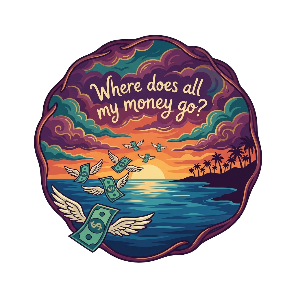 A flock of cash with wings flying away towards the sunset horizon of a beautiful ocean and grassy tropical coastline and sky with clouds with a mysterious, enchanting aesthetic and color palette. The text "Where does all my money go?" is written in a quirky font in the clouds.