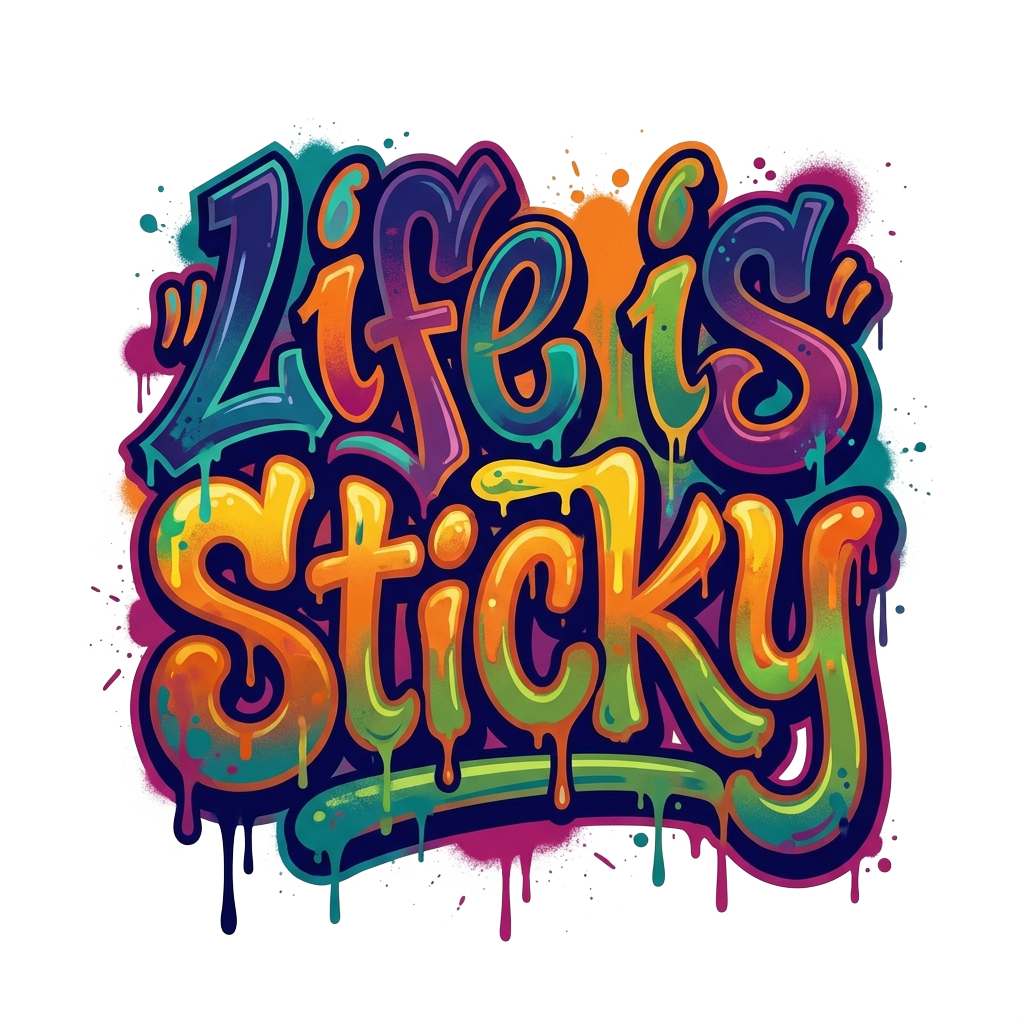 "life is sticky" where "life is" on the first line and "sticky" is on the bottom, in the style of graffiti, beautiful strong color palette