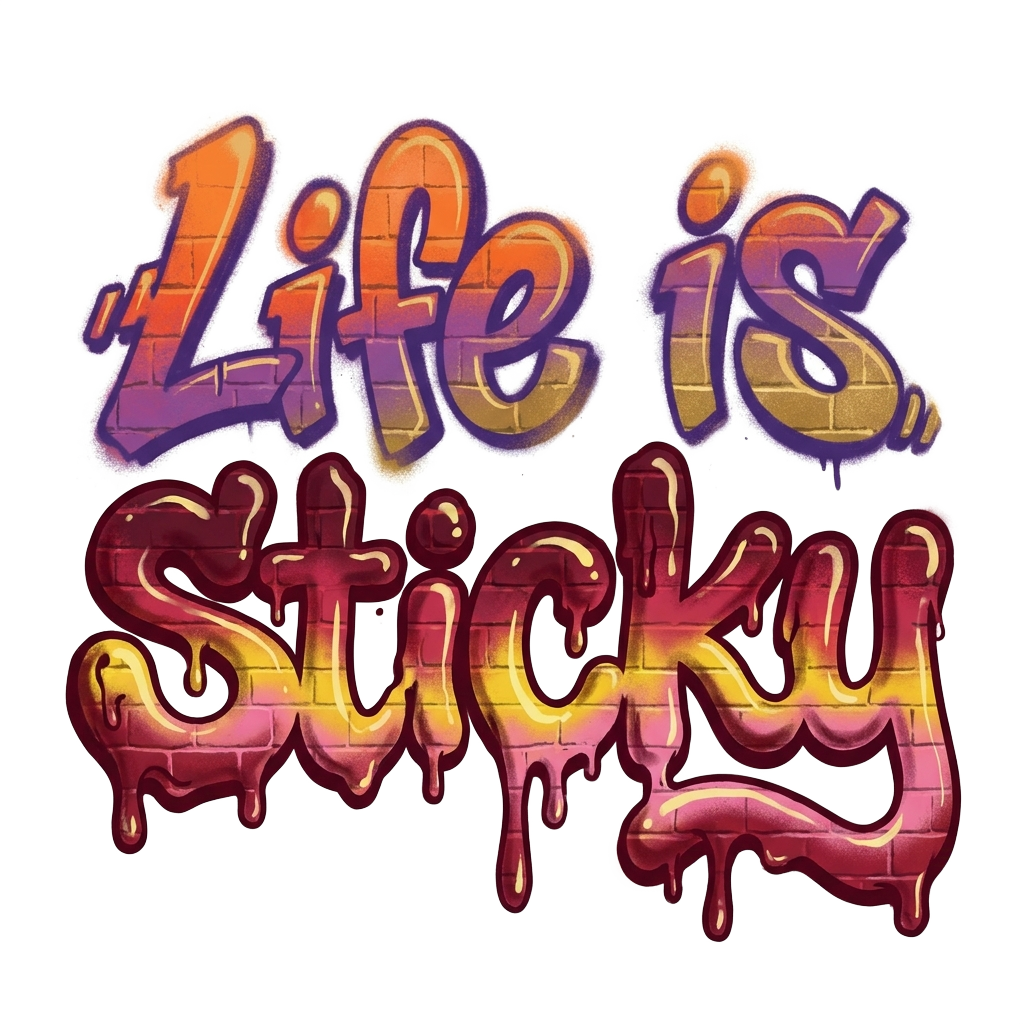 "life is sticky" where "life is" on the first line and "sticky" is on the bottom, in the style of graffiti, aesthetic sunset colors