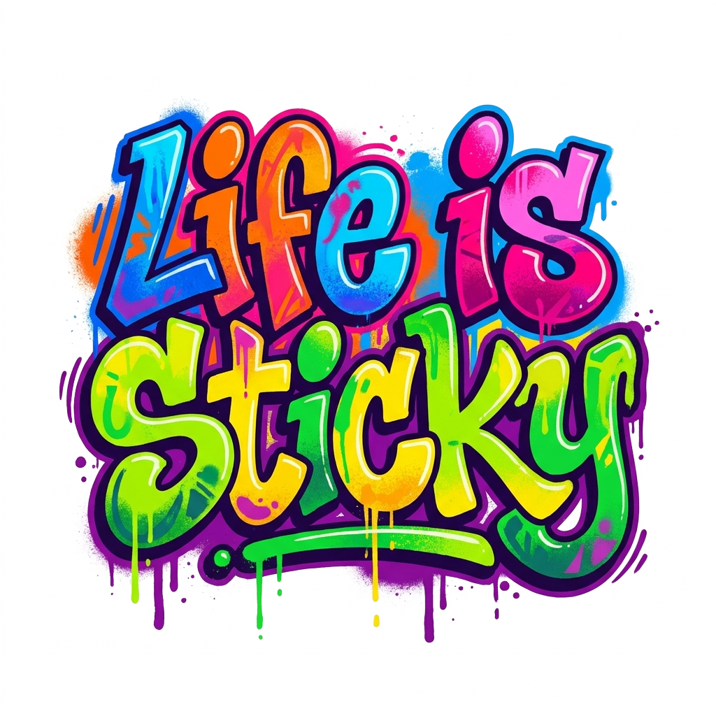 "life is sticky" where "life is" on the first line and "sticky" is under all close together, graffiti style, vivid colors