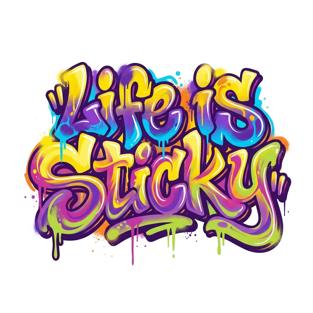 "life is sticky" where "life is" on the first line and "sticky" is under all close together, graffiti style, vivid colors, yellow and purple as the primary colors